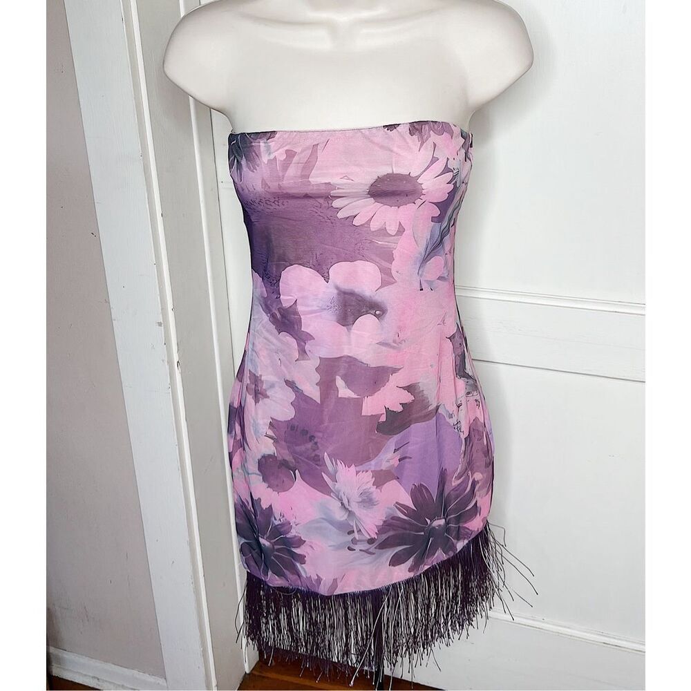 Princess Polly Pink/Purple Strapless Floral Fringe Trim Bodycon Mini Dress Size